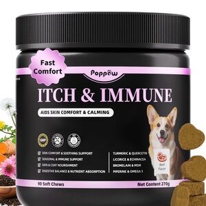 Poppow Itch & Immune Dog Chews - AIDS in SkinComfort & Calming - 90 count